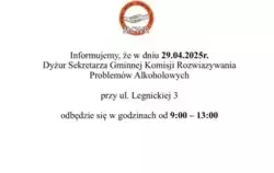 Logo Miejskiego Centrum Wspierania Rodziny MCWR. Informacja o dyżurze Sekretarza Gminnej Komisji Rozwiązywania Problemów Alkoholowych w dniu 28.04.2025 r. przy ul. Legnickiej 3, w godzinach od 9:00 do 13:00