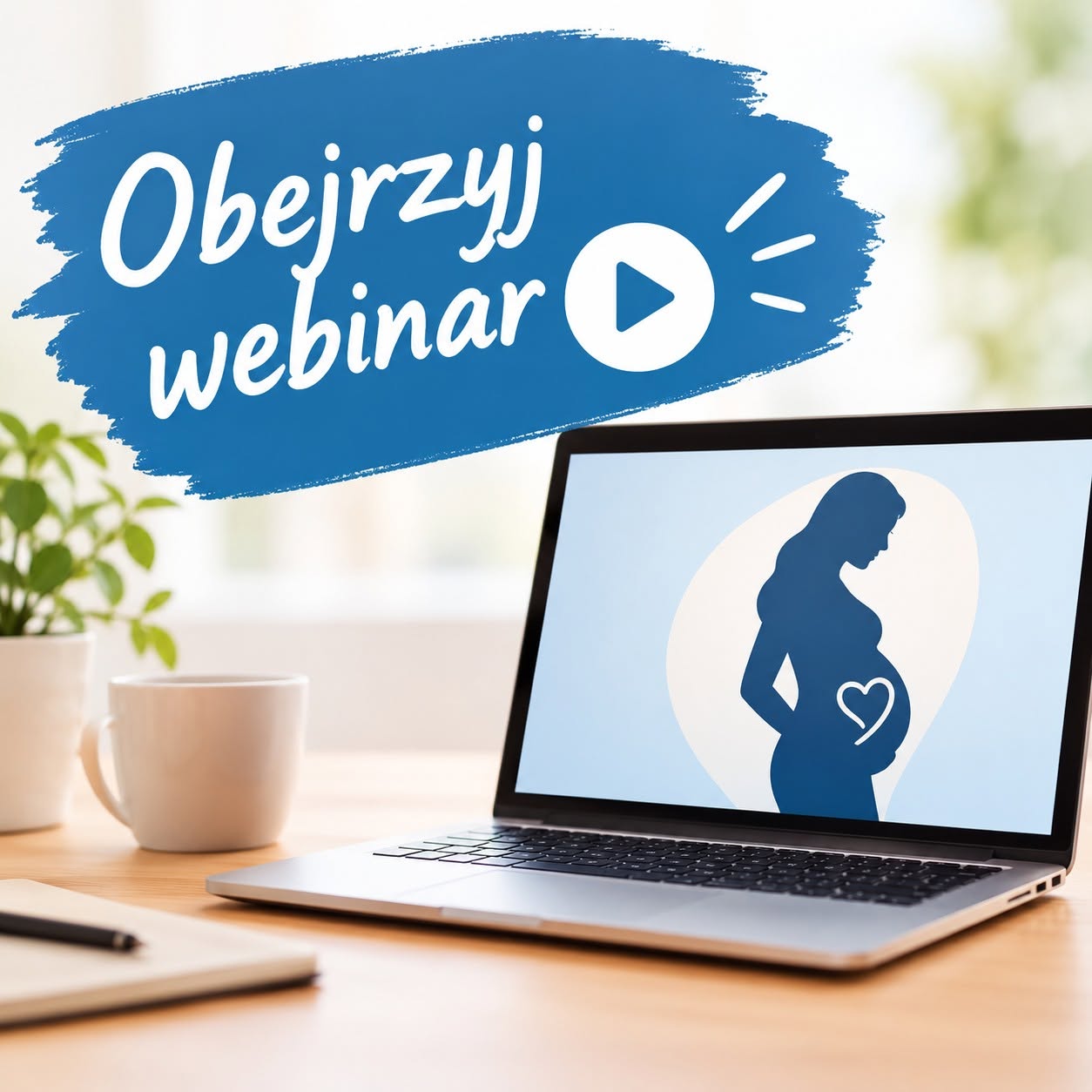 Laptop z&nbsp;grafiką przedstawiającą sylwetkę kobiety w&nbsp;ciąży, z&nbsp;napisem &bdquo;Obejrzyj webinar&rdquo; i&nbsp;symbolem odtwarzania.