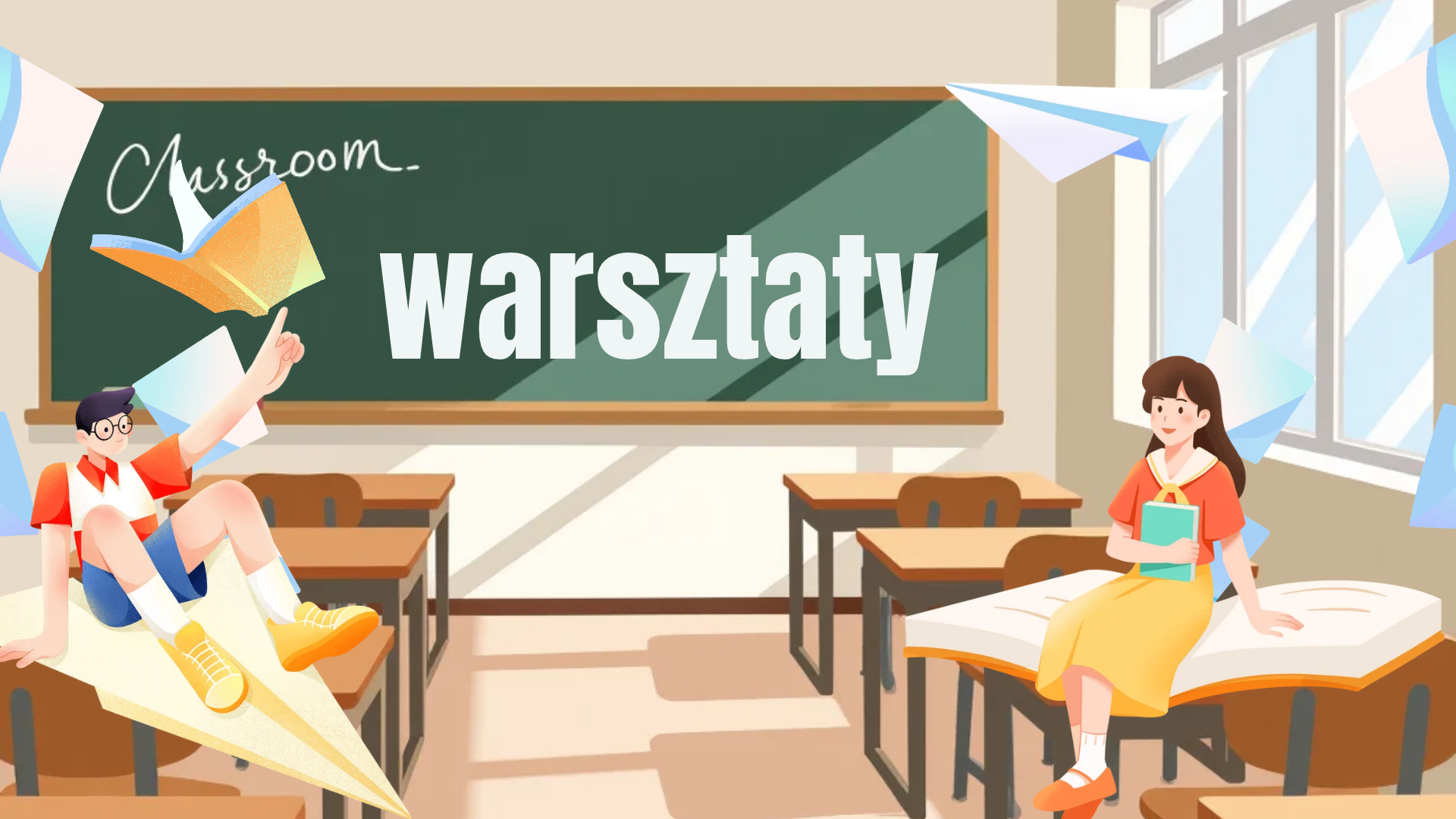Ilustracja przedstawiająca warsztaty w&nbsp;klasie &ndash; uczniowie oraz&nbsp;budynek szkoły w&nbsp;centralnej części grafiki.