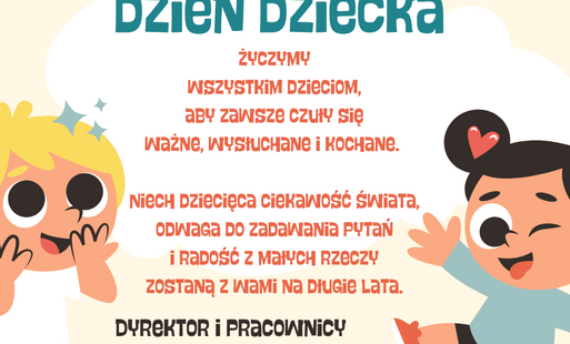 Grafika z okazji Dnia Dziecka w pastelowych kolorach. Na jasnym tle znajduje się duża biała chmurka z napisem „01 czerwca – Dzień Dziecka”. Po lewej stronie widoczna jest uśmiechnięta blond dziewczynka, a po prawej radosny chłopiec z serduszkiem we włosac