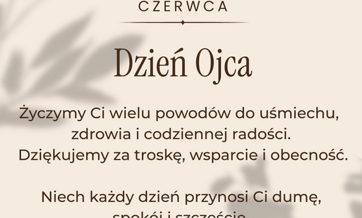 Kartka okolicznościowa z okazji Dnia Ojca w minimalistycznym, beżowym stylu. Na górze znajduje się czerwone serce oraz napis „23 czerwca”. Poniżej widnieje tytuł „Dzień Ojca”. W tle delikatnie zarysowane są cienie liści. Treść życzeń brzmi: „Życzymy Ci wi